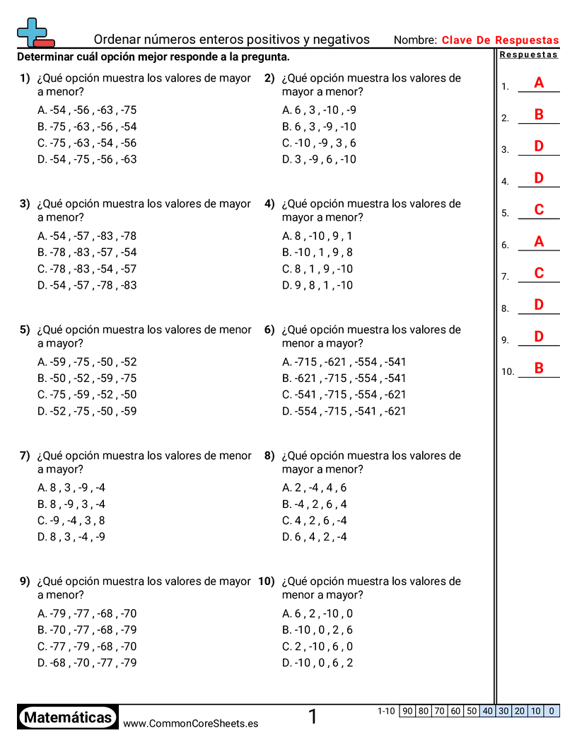 Ejercicios  de números negativos - ordenar-enteros-positivos-y-negativos-opcion-multiple worksheet
