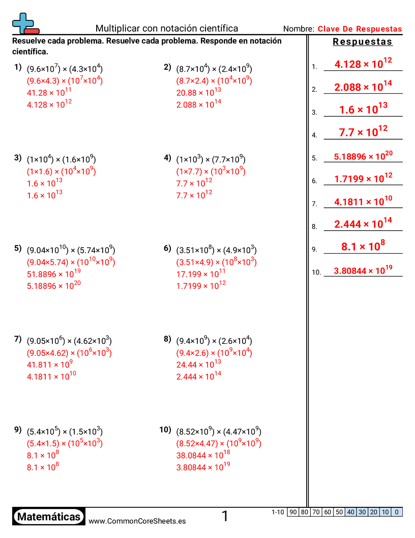 Ejercicios de álgebra - Multiplicar con notación científica worksheet