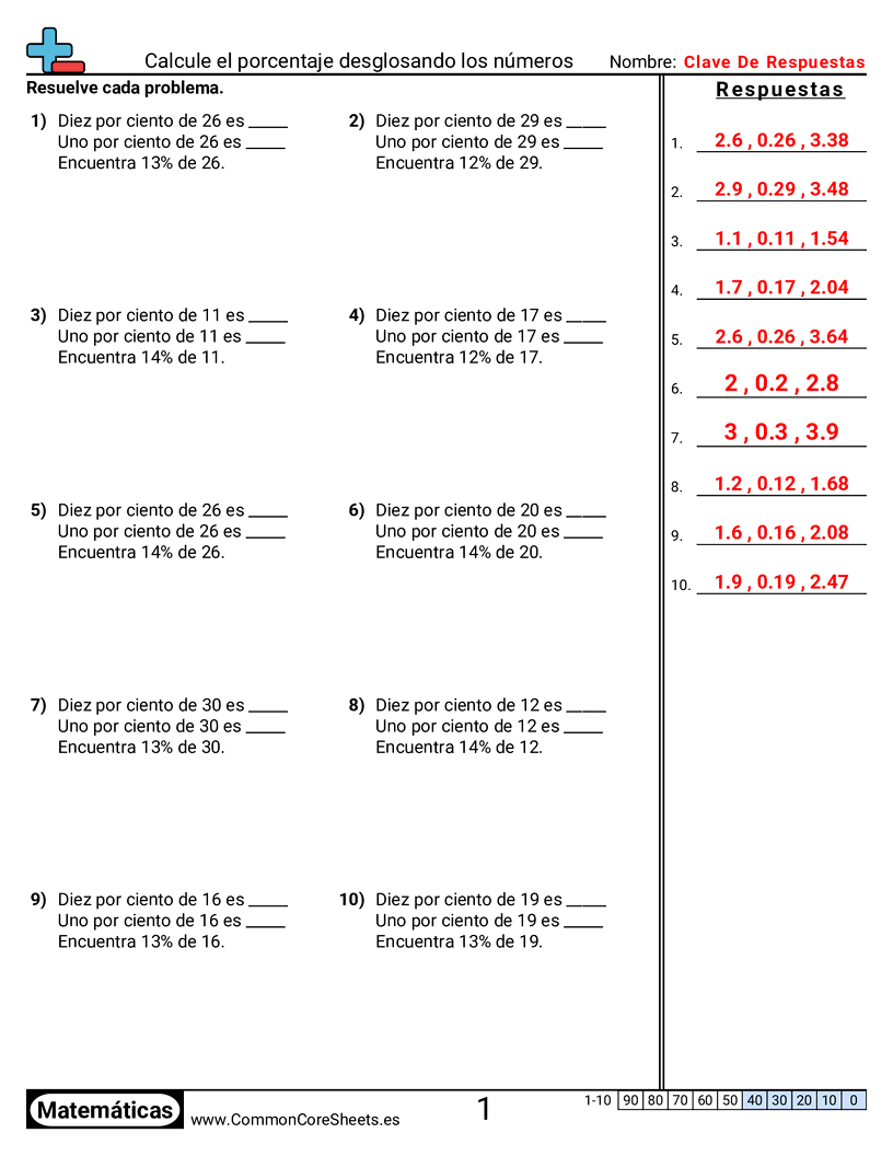 Ejercicios  de porcentaje - Calcular porcentaje descomponiendo números worksheet