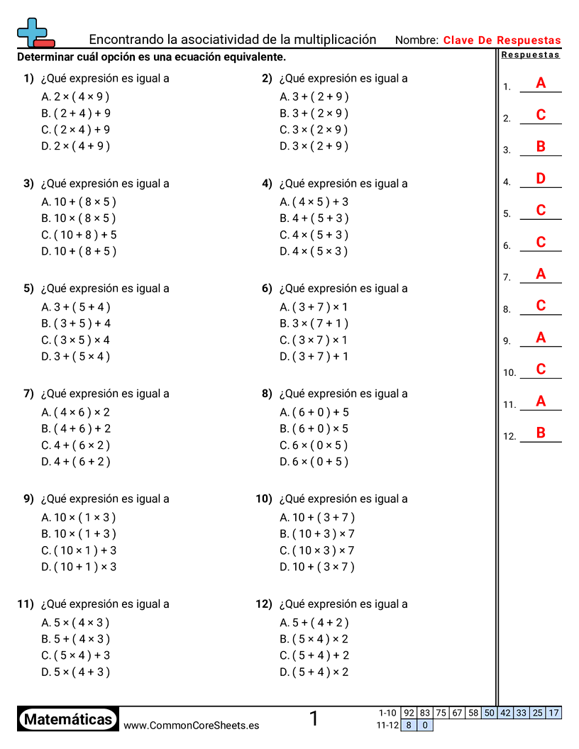 Ejercicios  de propiedades  - Encontrar la propiedad asociativa de la multiplicación worksheet