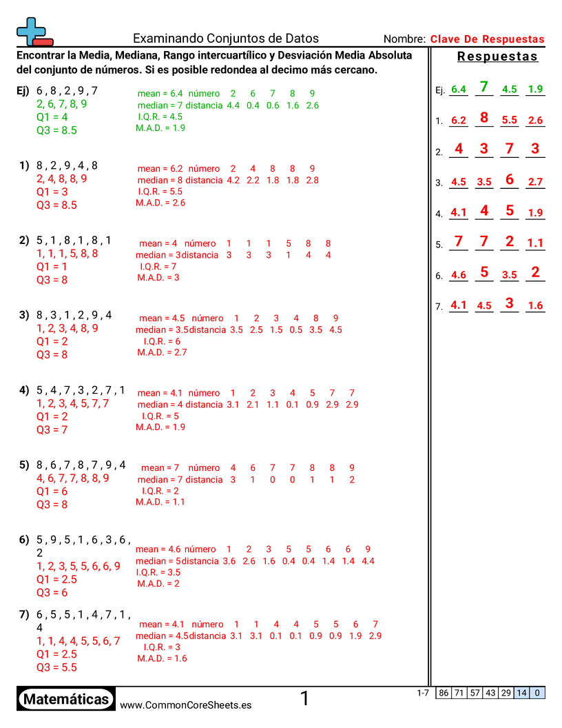 Ejercicios  de estadísticas - Examinar conjuntos de datos worksheet