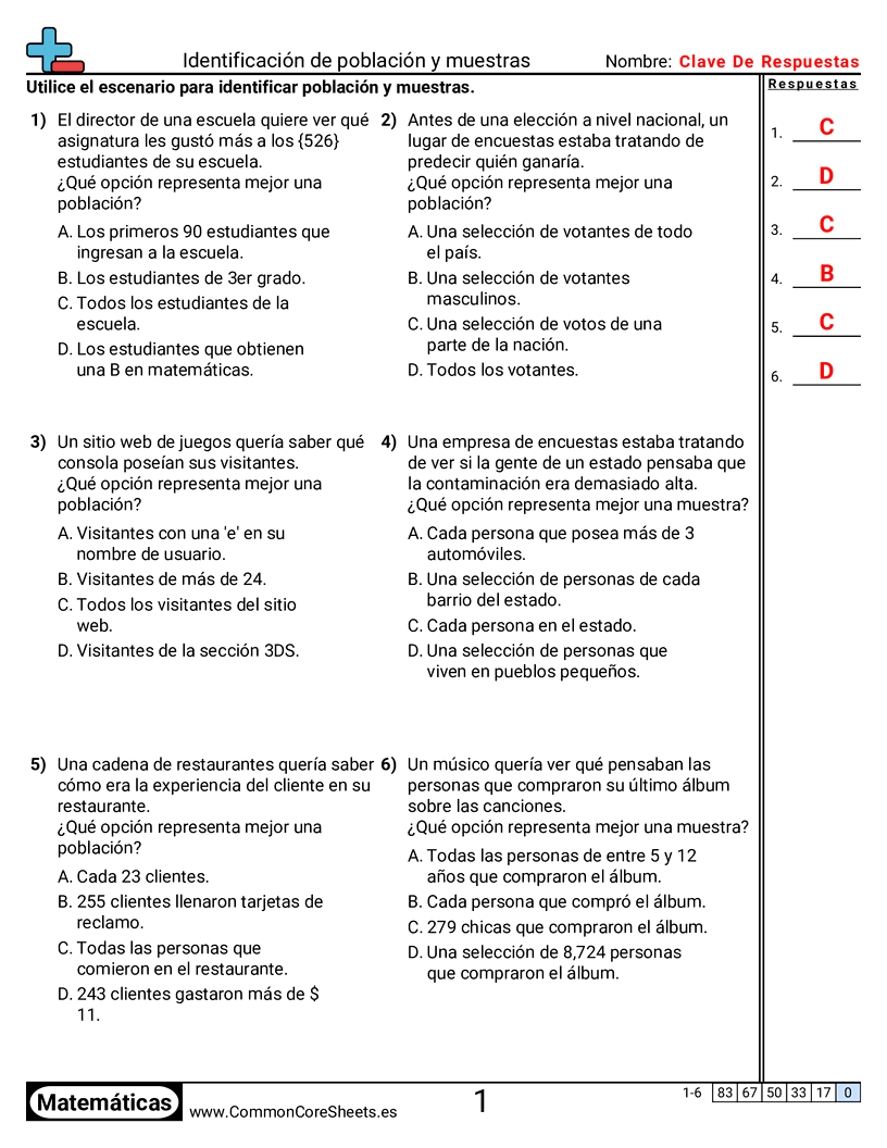 Ejercicios  de estadísticas - Identificar poblaciones y muestras worksheet