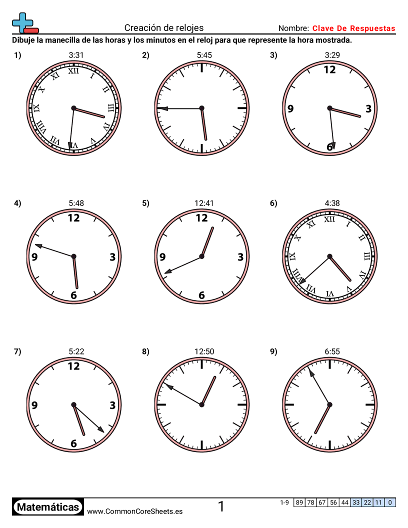 Ejercicios  de tiempo - Crear relojes (incrementos de 1 minuto) worksheet
