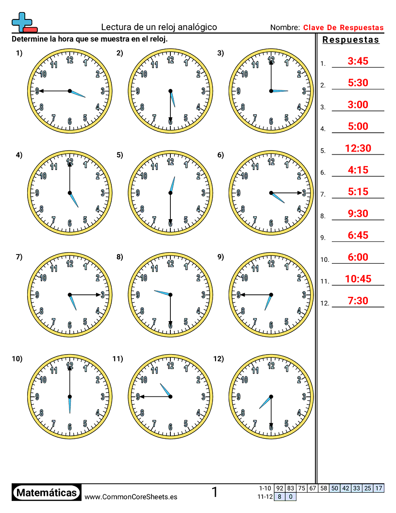 Ejercicios  de tiempo - Leer un reloj analógico (incrementos de 15 minutos) worksheet