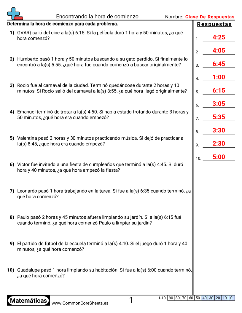 Ejercicios  de tiempo - Problemas de palabras worksheet