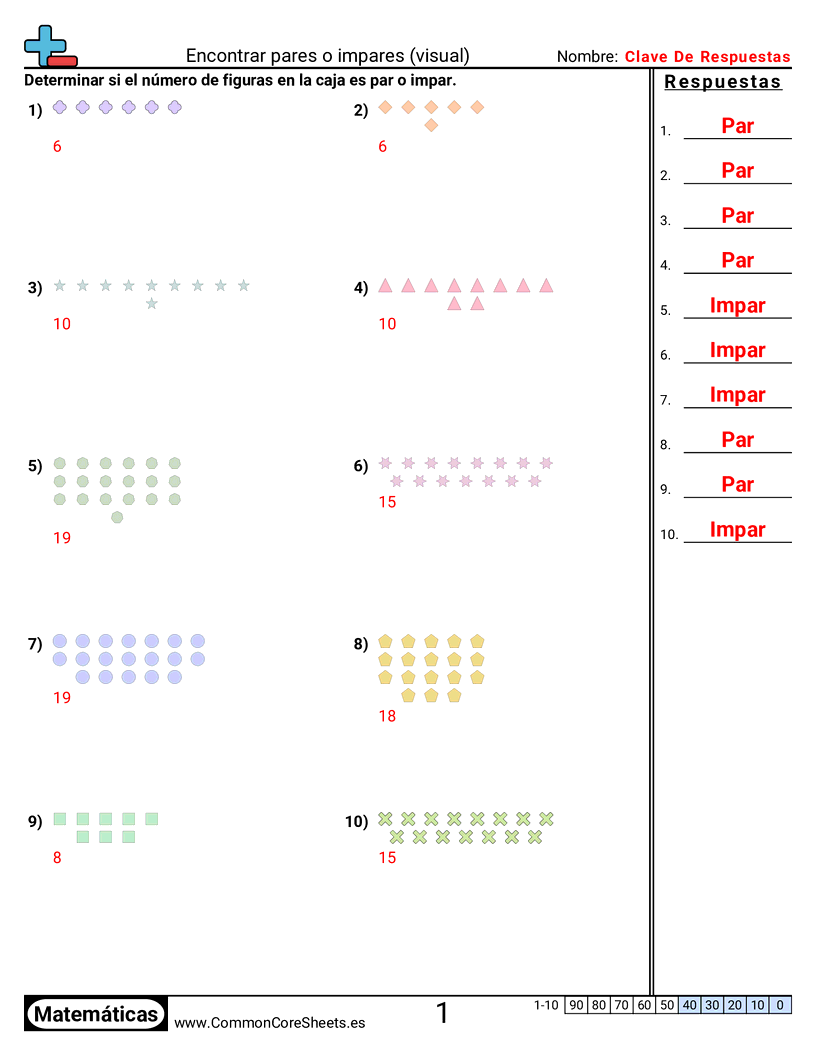 2nd Grade Ejercicios  de valor y valor posicional - Encontrar par o impar (visual) worksheet