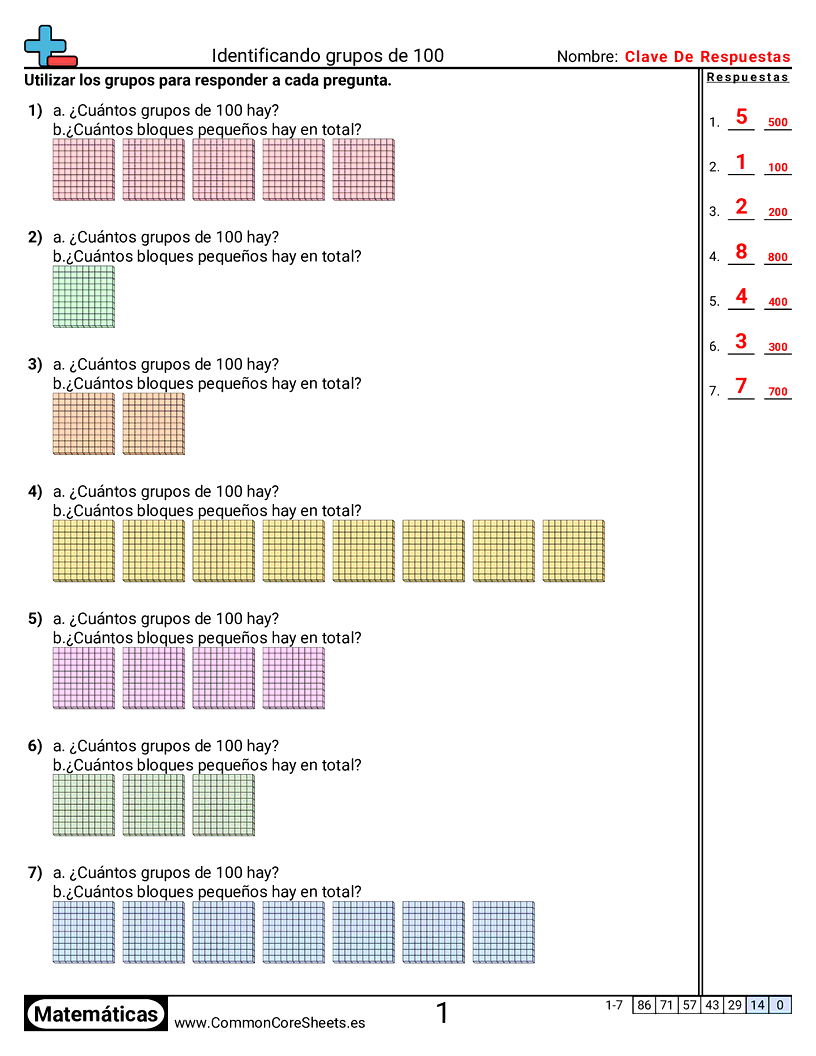 2nd Grade Ejercicios  de valor y valor posicional - Identificar grupos de 100 worksheet