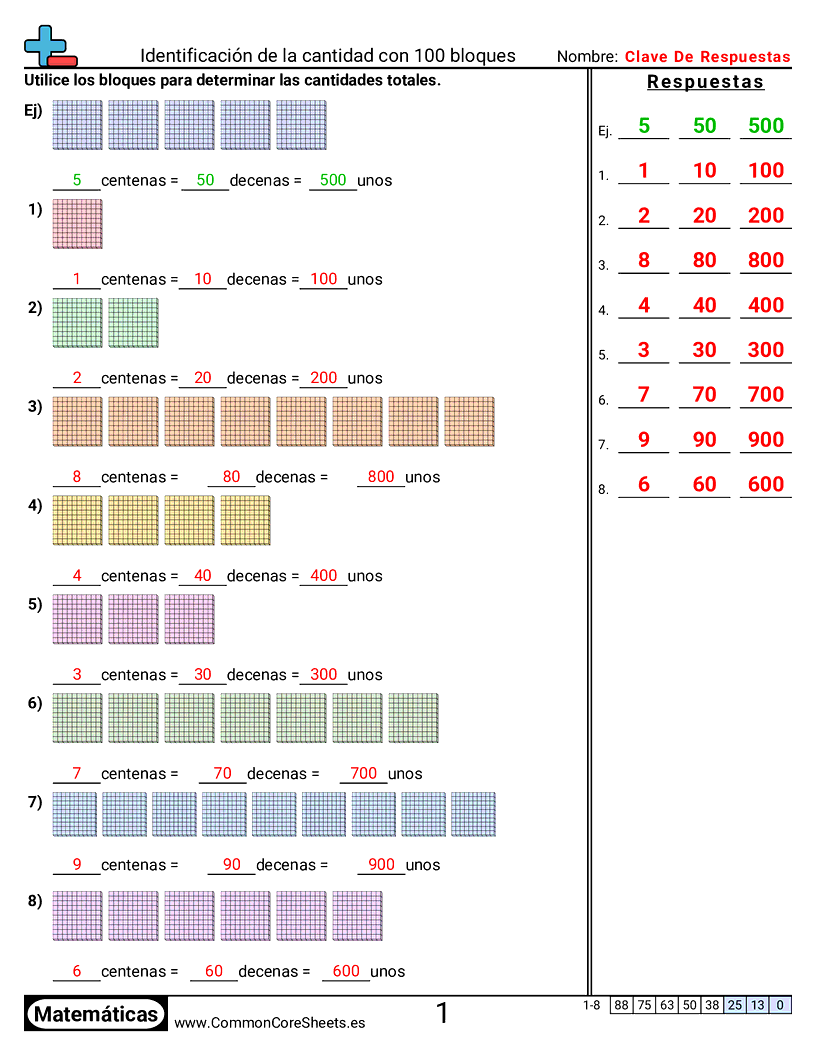 2nd Grade Ejercicios  de valor y valor posicional - Identificar cantidad con bloques de 100 worksheet