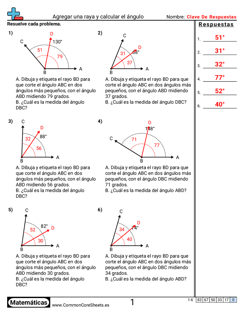 CCSS 4.MD.7 Worksheets - Agregar un rayo y calcular un ángulo worksheet