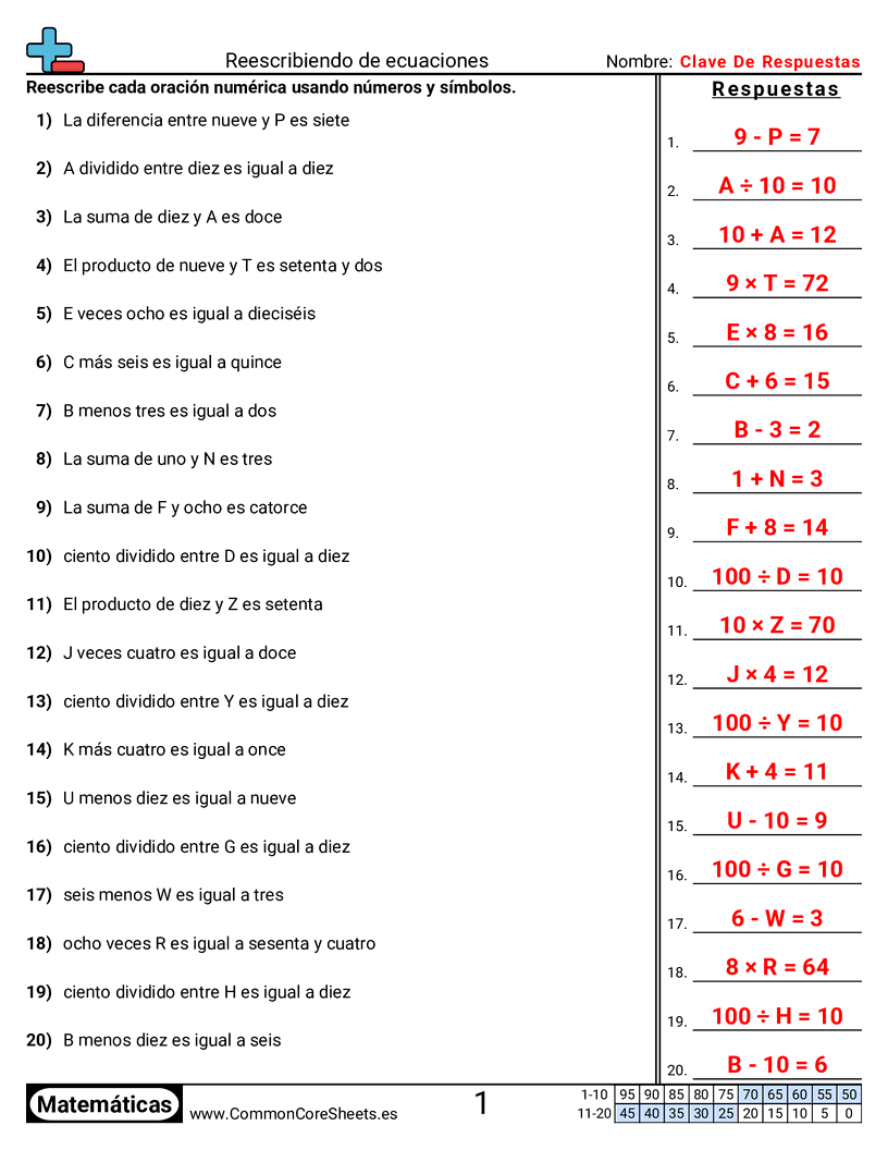 5th Grade Ejercicios  de valor y valor posicional - Reescribir ecuaciones worksheet
