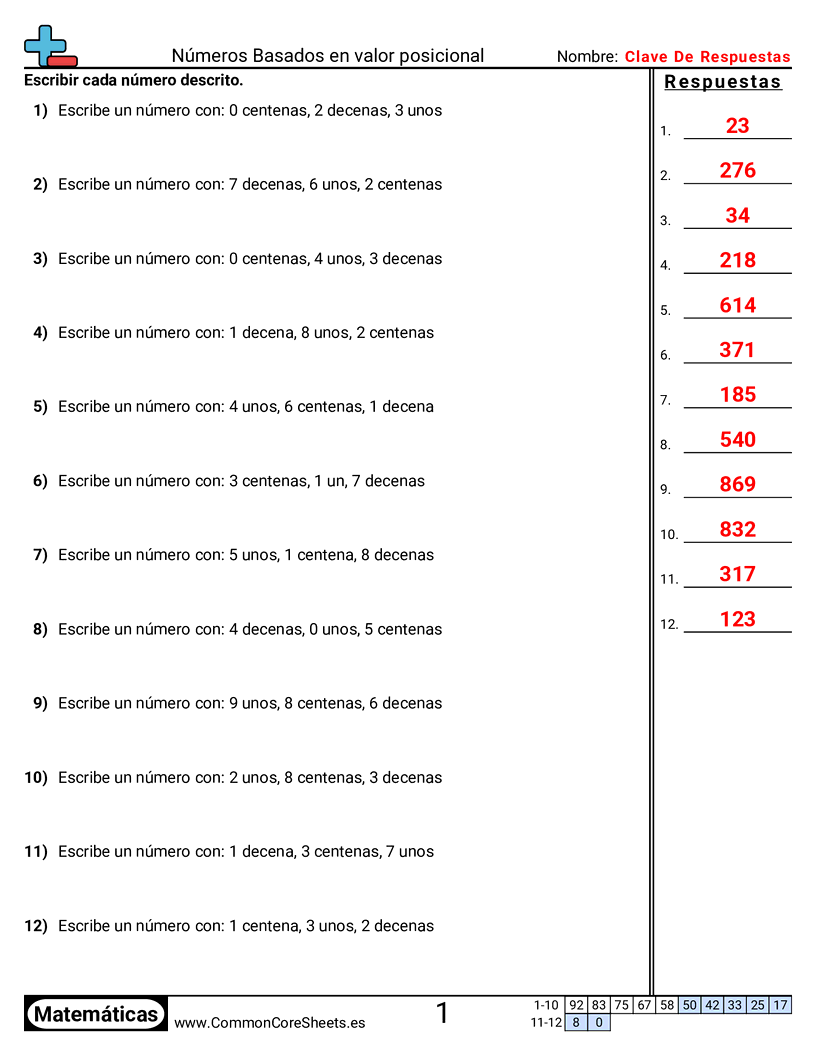 2nd Grade Ejercicios  de valor y valor posicional - Entender valores posicionales (3 dígitos) worksheet