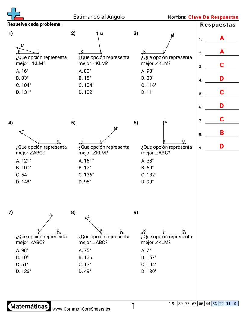 Ejercicios de ángulos - Estimación de ángulos worksheet